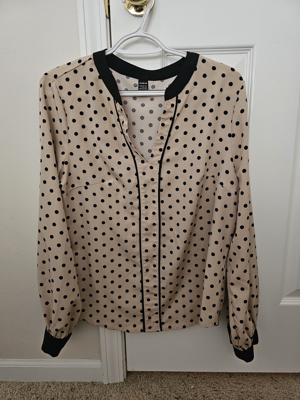 SHEIN Beige Polka Dot Blouse with Black Trim